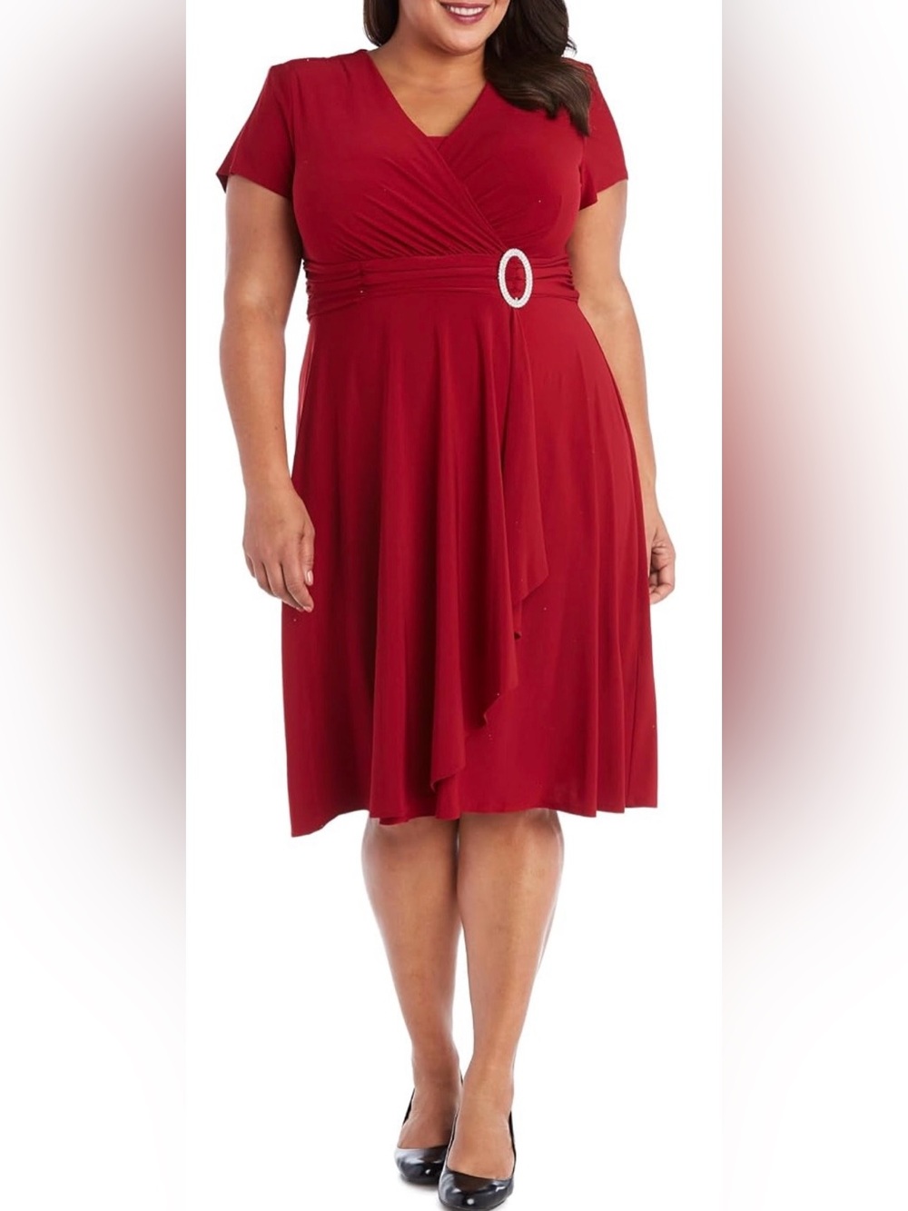 R&M Richards Red Short Sleeve Rhinestone Detail Fit & Flare Midi Dress Size 18W